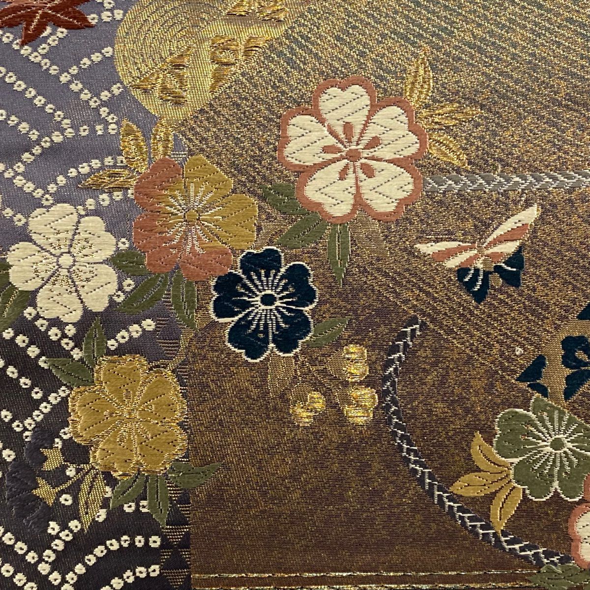 【美品】 袋帶 秀品級 櫻花 組織紐 金金箔 金銀彩 灰紫 六通 純蠶絲