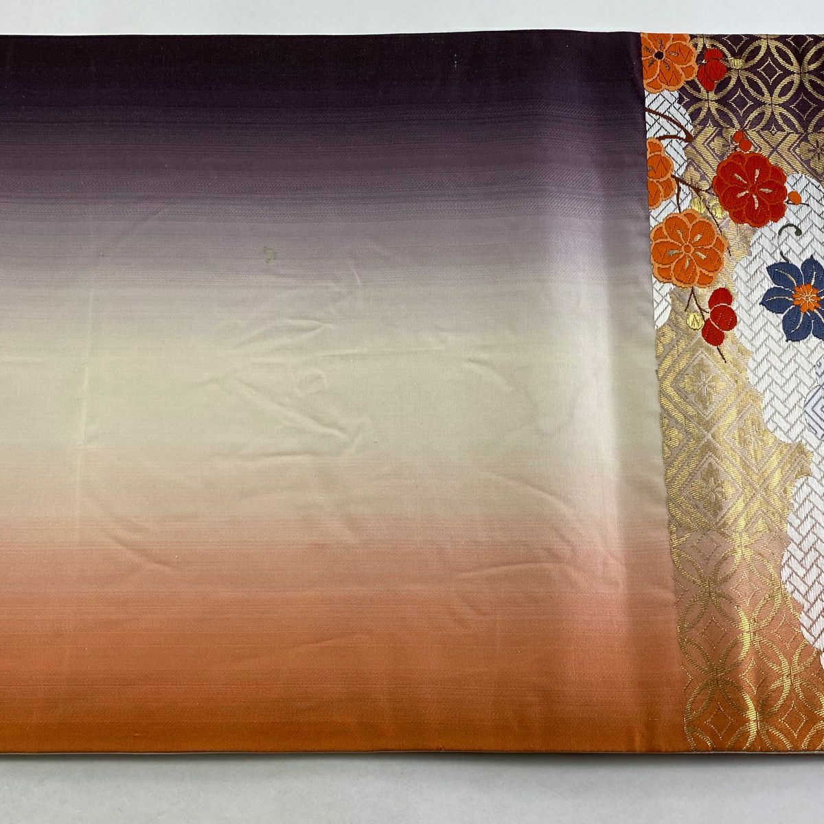 【美品】 袋帶 秀品級 關西仕立 雲取百花紋 金糸 金金箔 奶油 六通 純蠶絲