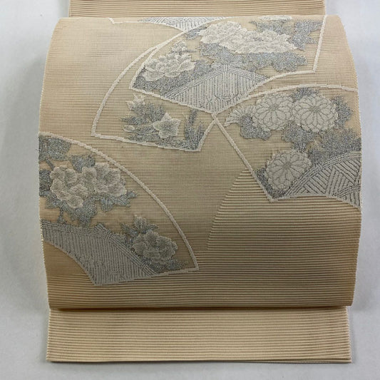 袋帶 秀品級 夏帶 絽 扇子面 草花紋紋 銀線 米色 大鼓圖案 純蠶絲