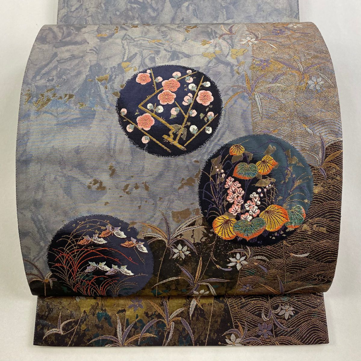 袋帶 秀品級 清香的詩 引金箔袋 草花紋紋 蝴蝶 金絲 金金箔 青灰 深藍色 正蠶絲