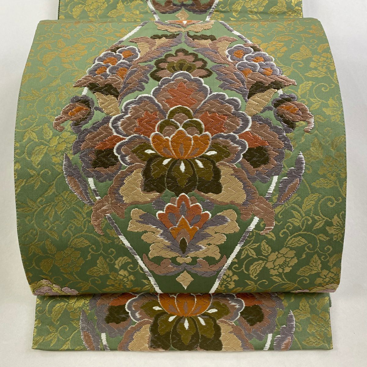 袋帶 秀品級 草花紋紋 花唐草紋 唐織 金金箔 艾草綠 六通 純蠶絲