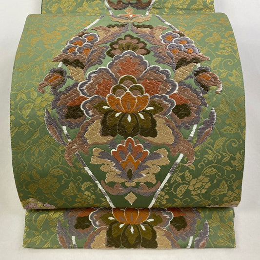 袋帶 秀品級 草花紋紋 花唐草紋 唐織 金金箔 艾草綠 六通 純蠶絲