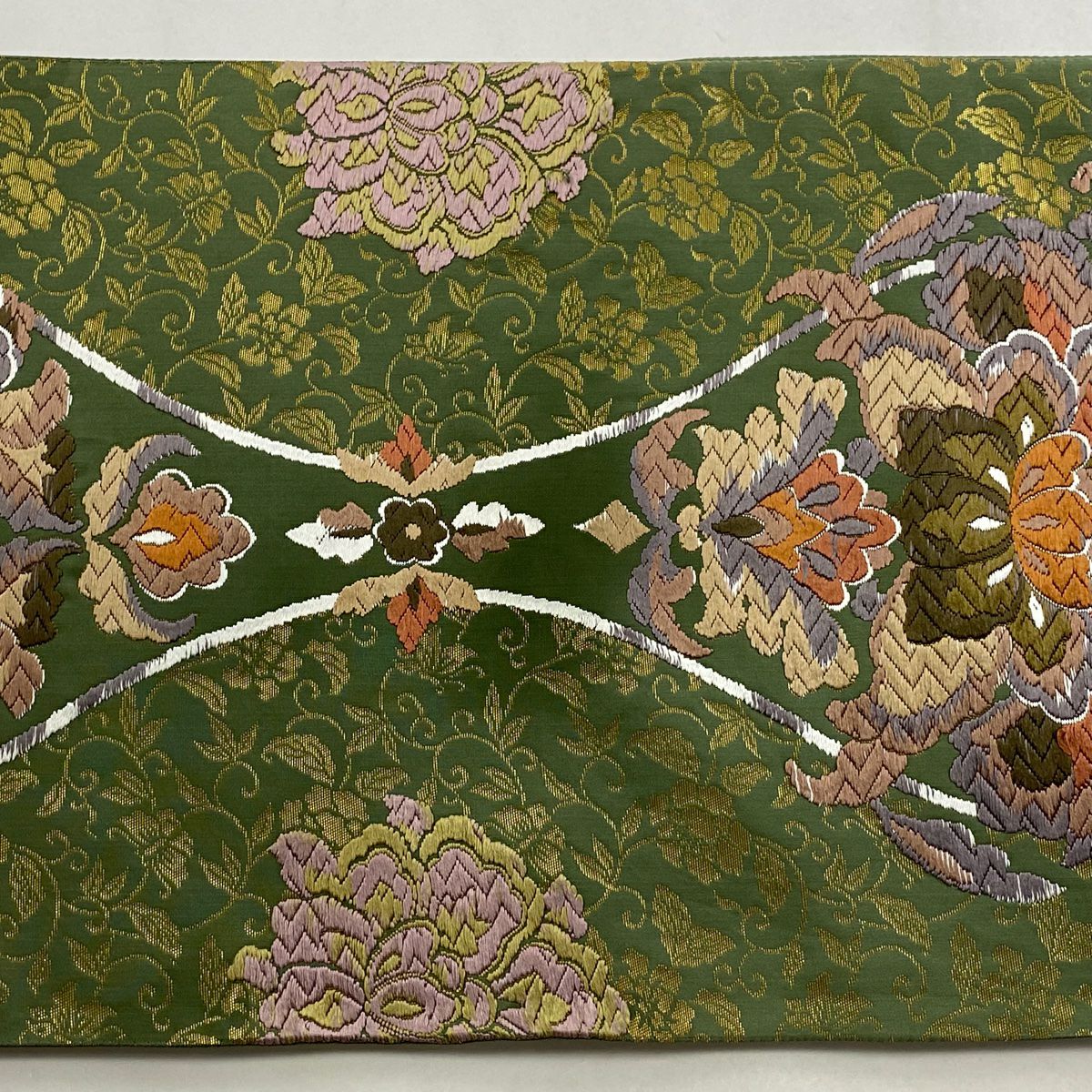 袋帶 秀品級 草花紋紋 花唐草紋 唐織 金金箔 艾草綠 六通 純蠶絲