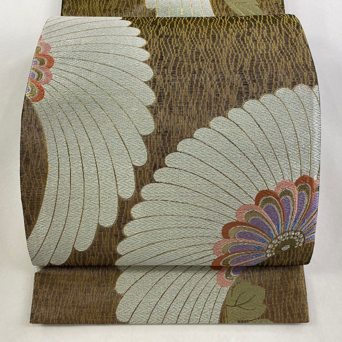 【美品】 袋帶 秀品級 菊花 唐織 拉麵金金箔 山吹茶 六通 純蠶絲