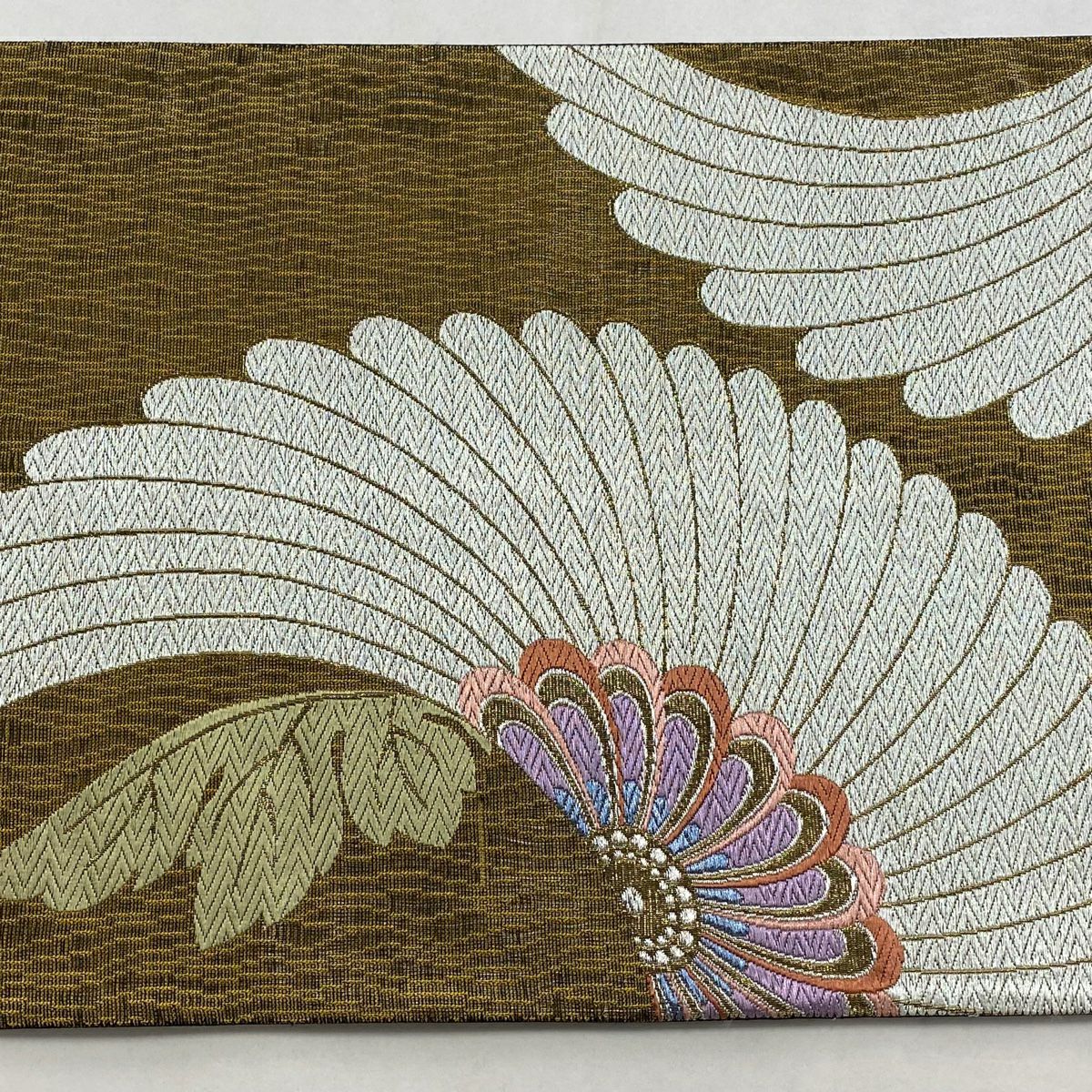 【美品】 袋帶 秀品級 菊花 唐織 拉麵金金箔 山吹茶 六通 純蠶絲