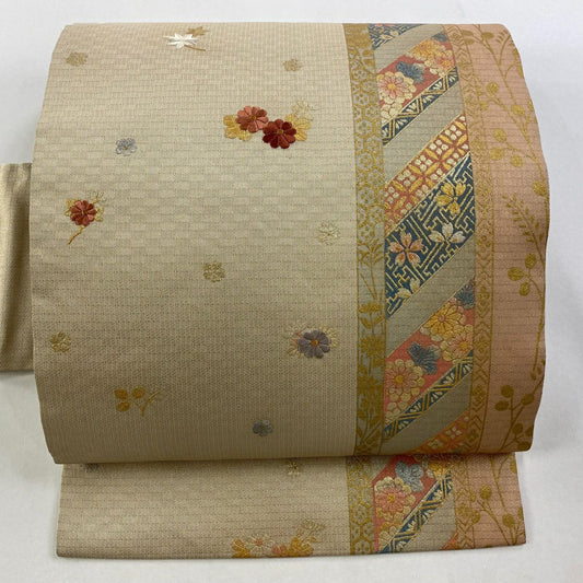 名古屋帶 秀品級 菊花 楓 刺繡 金彩裝飾 淺茶 純蠶絲