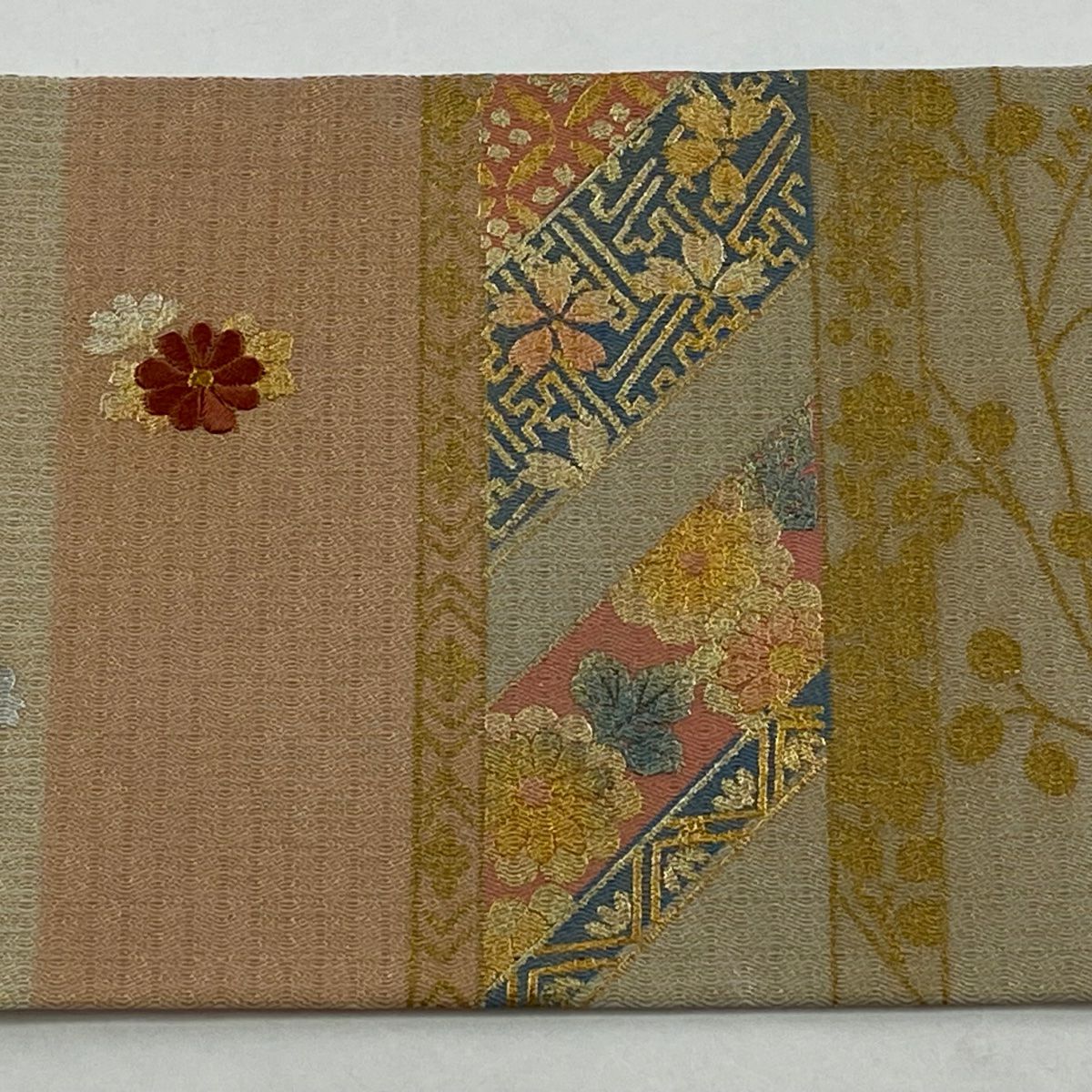 名古屋帶 秀品級 菊花 楓 刺繡 金彩裝飾 淺茶 純蠶絲