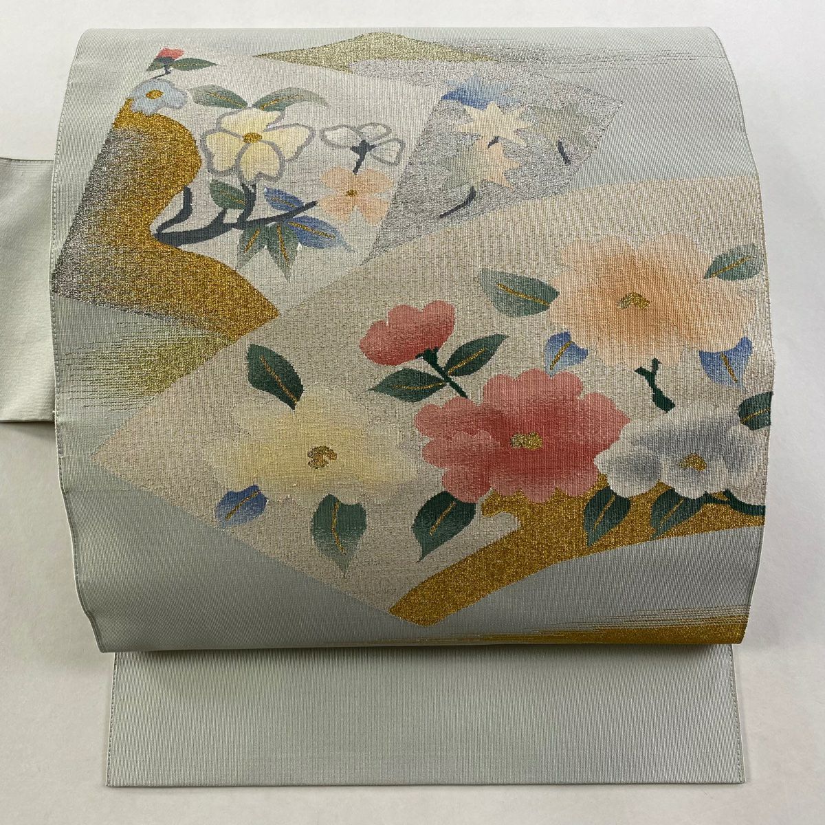 名古屋帶 秀品級 扇子面 草花紋 金銀彩 灰色 純蠶絲