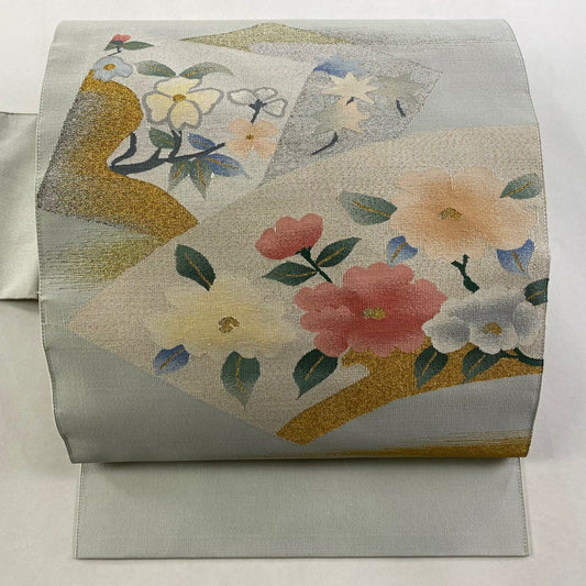 名古屋帶 秀品級 扇子面 草花紋 金銀彩 灰色 純蠶絲
