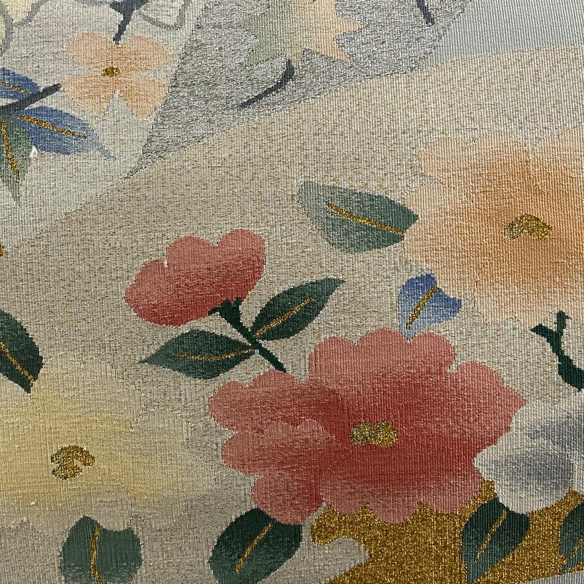 名古屋帶 秀品級 扇子面 草花紋 金銀彩 灰色 純蠶絲