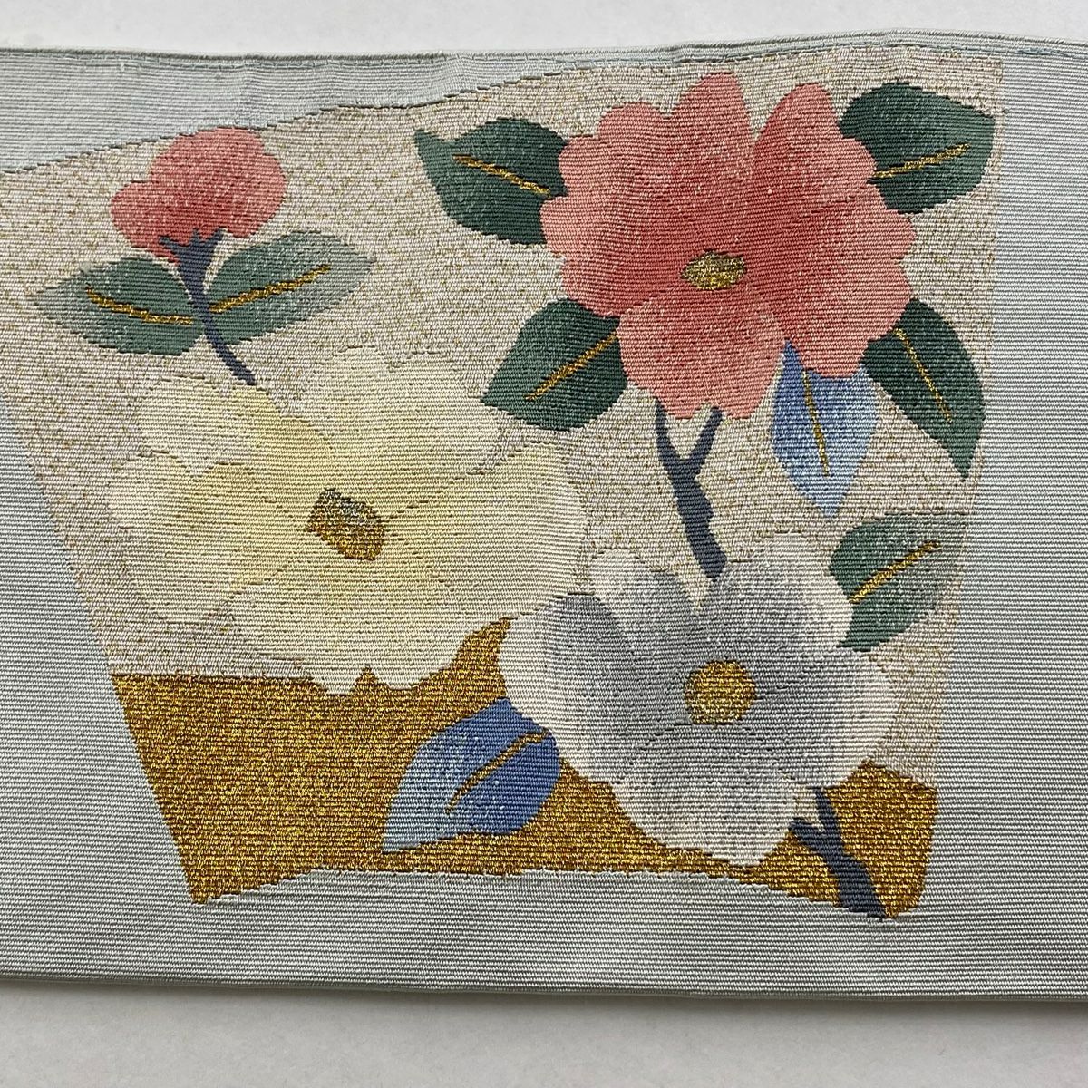 名古屋帶 秀品級 扇子面 草花紋 金銀彩 灰色 純蠶絲