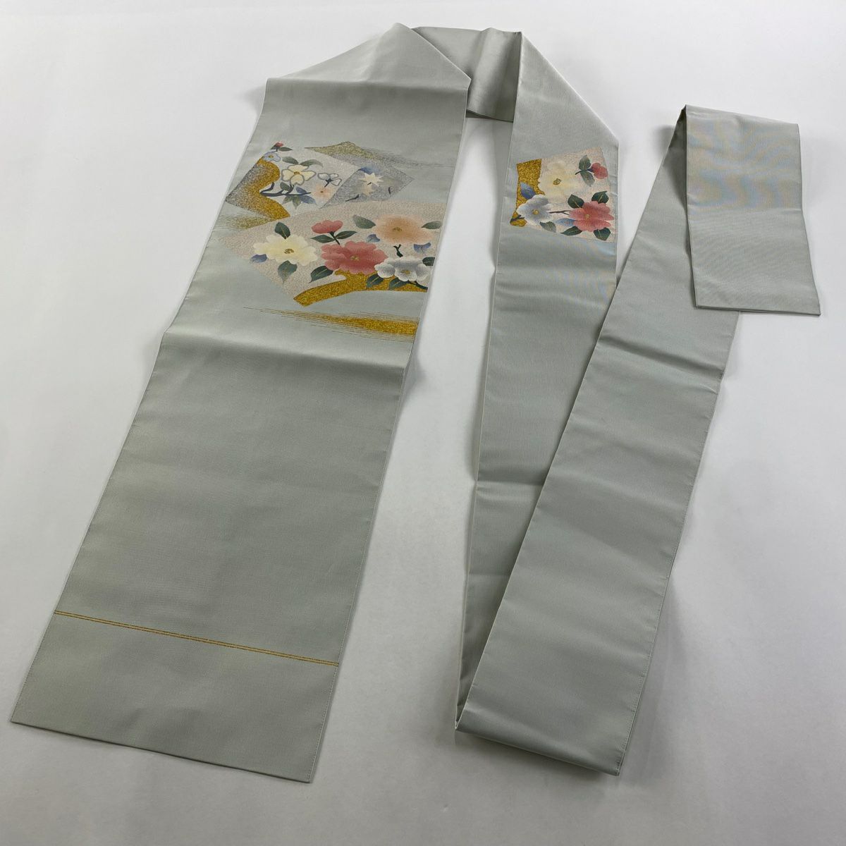 名古屋帶 秀品級 扇子面 草花紋 金銀彩 灰色 純蠶絲