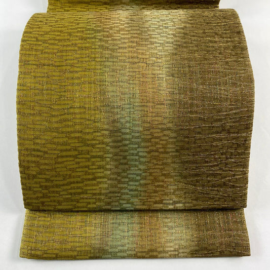 【庫存清倉】 【美品】 袋帶 名品級 條紋 幾何圖案 金絲 黃土色 六通 純蠶絲