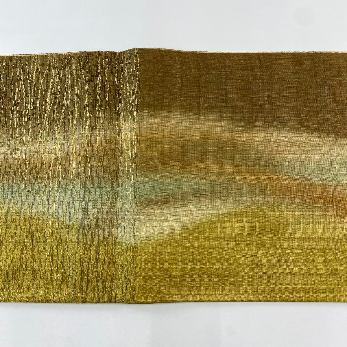 【庫存清倉】 【美品】 袋帶 名品級 條紋 幾何圖案 金絲 黃土色 六通 純蠶絲