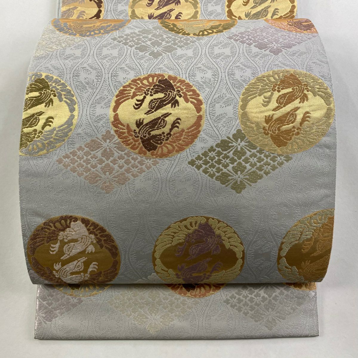 【庫存清倉】 【美品】 袋帶 名品級 向鳥 花菱 金金箔 灰色 六通 純蠶絲