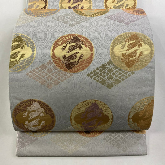 【庫存清倉】 【美品】 袋帶 名品級 向鳥 花菱 金金箔 灰色 六通 純蠶絲
