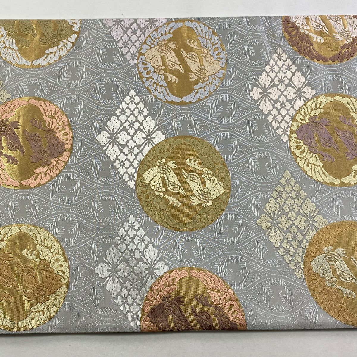 【庫存清倉】 【美品】 袋帶 名品級 向鳥 花菱 金金箔 灰色 六通 純蠶絲