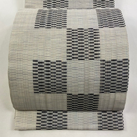 【庫存清倉】 【美品】 袋帶 名品級 市松樹 幾何學 拉麵絲 灰白 六通 純蠶絲