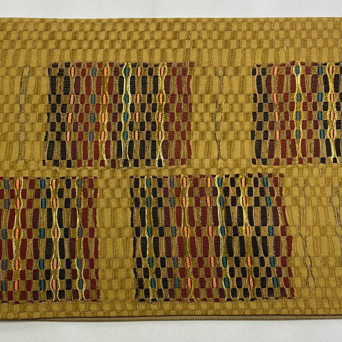 【庫存清倉】 【美品】 袋帶 名品級 大島美術 變化市松樹 幾何學 金金箔 山吹茶 六通 純蠶絲