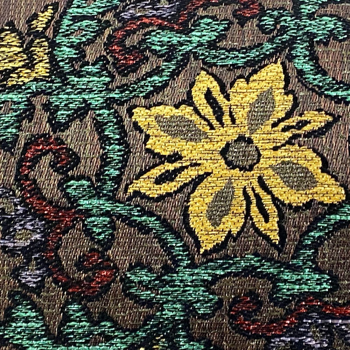 【美品】 袋帶 名品級 華紋 葡萄唐草紋 金金箔 金絲 焦茶 六通 純蠶絲