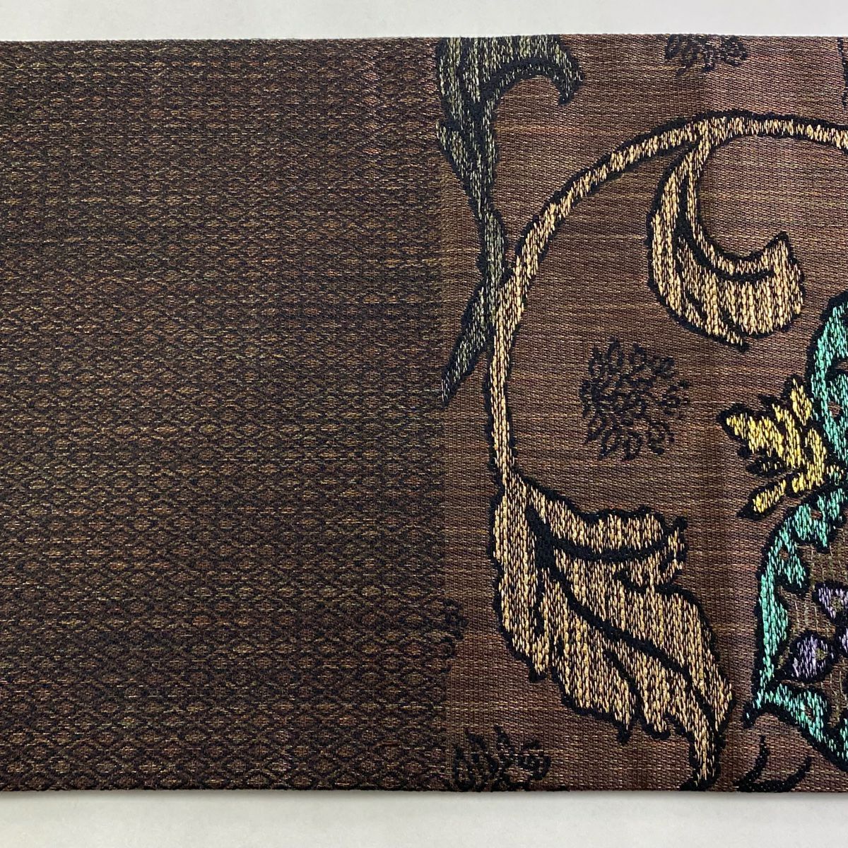 【美品】 袋帶 名品級 華紋 葡萄唐草紋 金金箔 金絲 焦茶 六通 純蠶絲