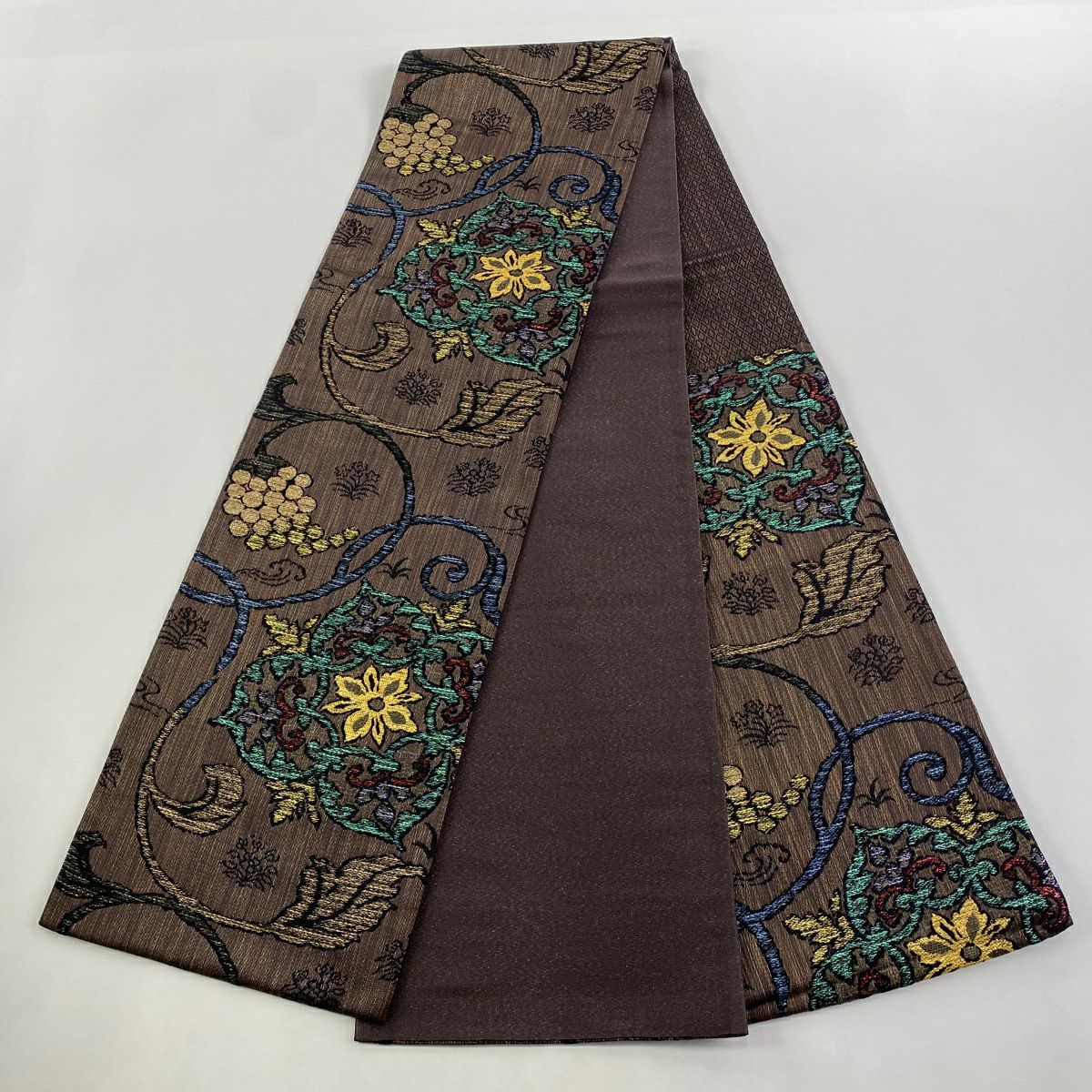 【美品】 袋帶 名品級 華紋 葡萄唐草紋 金金箔 金絲 焦茶 六通 純蠶絲