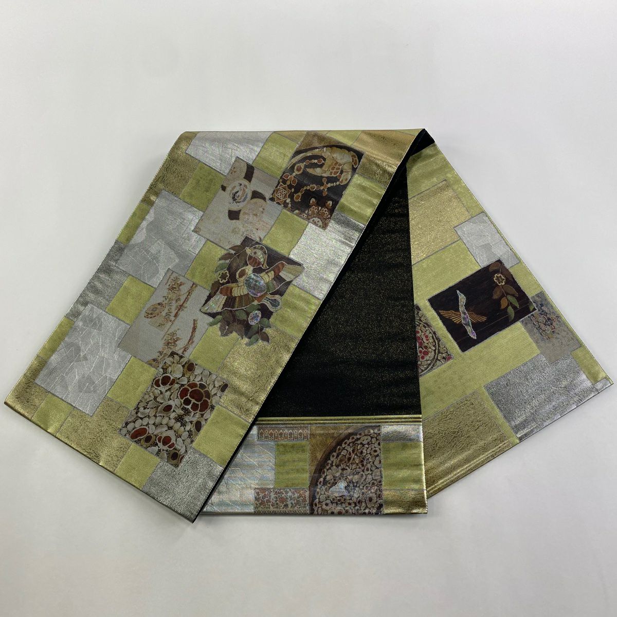 【庫存清倉】 【美品】 袋帶 名品級 花喰鳥 草花紋紋 金金箔 淺綠色 大鼓圖案 純蠶絲
