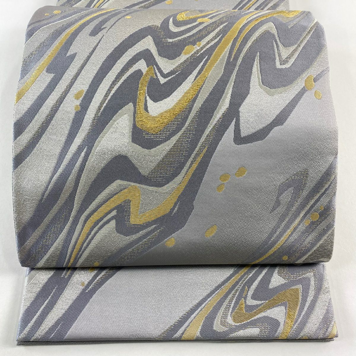 【庫存清倉】 【美品】 袋帶 名品級 流水 幾何學 金銀絲 金金箔 灰色 六通 純蠶絲