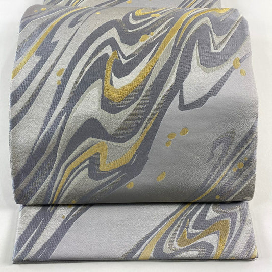 【庫存清倉】 【美品】 袋帶 名品級 流水 幾何學 金銀絲 金金箔 灰色 六通 純蠶絲
