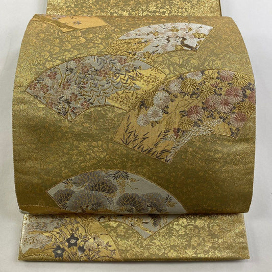 【庫存清倉】 【美品】 袋帶 名品級 加納幸 落款あり 金金箔霜華 扇子面 草花紋 金絲 金金箔 金色 大鼓圖案 純蠶絲