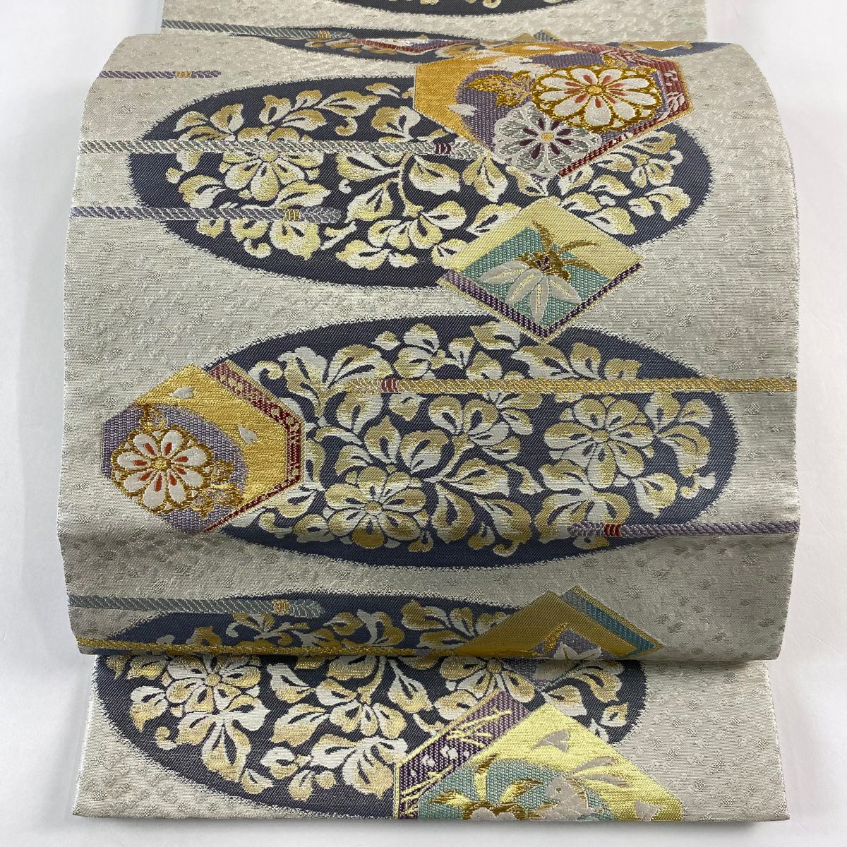 【庫存清倉】 【美品】 袋帶 名品級 草花紋紋 櫻花 唐織 金銀線 銀色 六通 純蠶絲