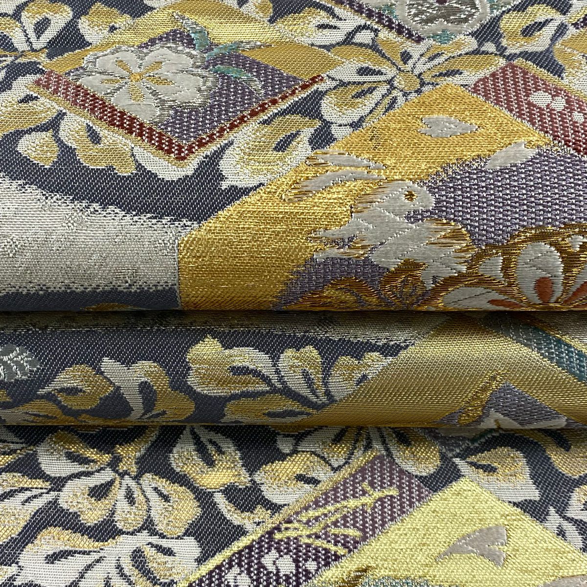 【庫存清倉】 【美品】 袋帶 名品級 草花紋紋 櫻花 唐織 金銀線 銀色 六通 純蠶絲