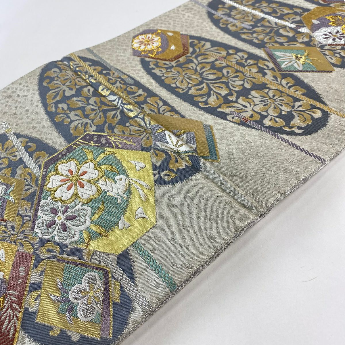 【庫存清倉】 【美品】 袋帶 名品級 草花紋紋 櫻花 唐織 金銀線 銀色 六通 純蠶絲