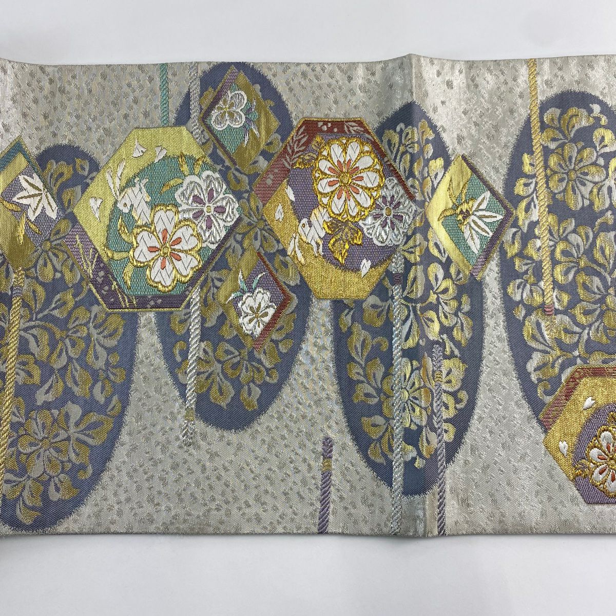 【庫存清倉】 【美品】 袋帶 名品級 草花紋紋 櫻花 唐織 金銀線 銀色 六通 純蠶絲