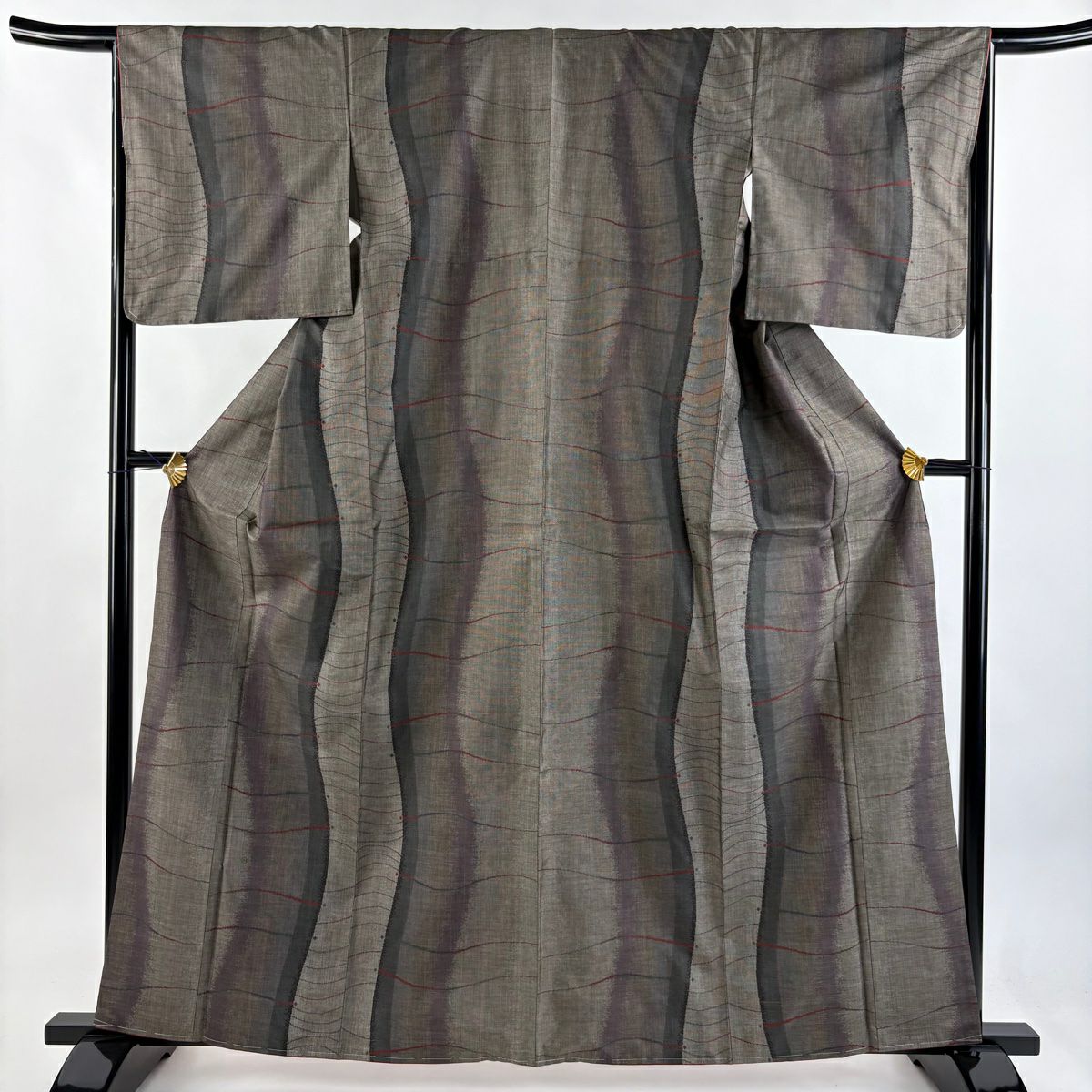 【美品】 紬織 身長162cm 袖長65.5cm M 雙層 よろけ縞 幾何學圖案 茶紫 純蠶絲 秀品級