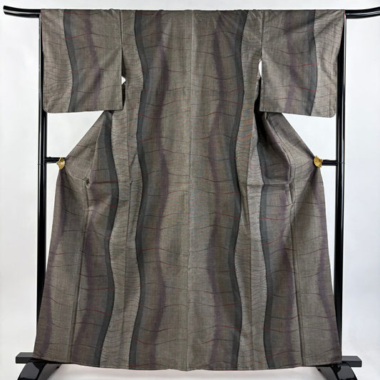 【美品】 紬織 身長162cm 袖長65.5cm M 雙層 よろけ縞 幾何學圖案 茶紫 純蠶絲 秀品級