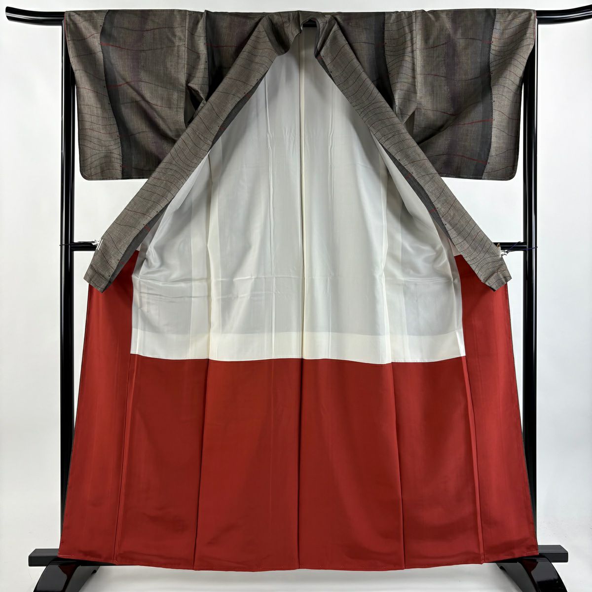 【美品】 紬織 身長162cm 袖長65.5cm M 雙層 よろけ縞 幾何學圖案 茶紫 純蠶絲 秀品級