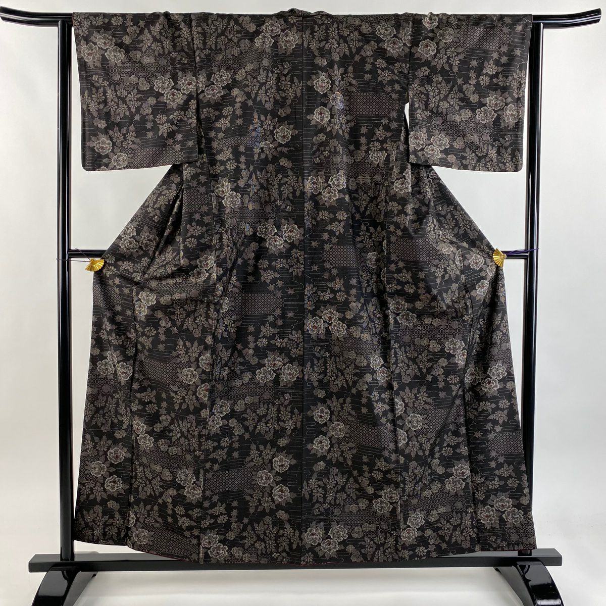【美品】 紬織織 身長159cm 袖長64cm M 雙層 草花紋紋 霞 焦茶 純蠶絲 秀品級