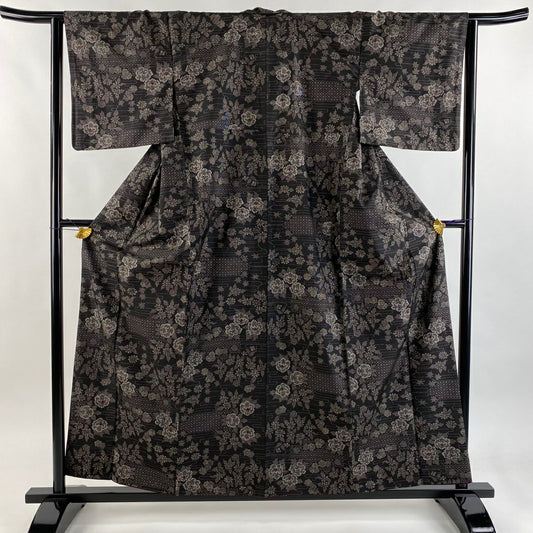 【美品】 紬織織 身長159cm 袖長64cm M 雙層 草花紋紋 霞 焦茶 純蠶絲 秀品級