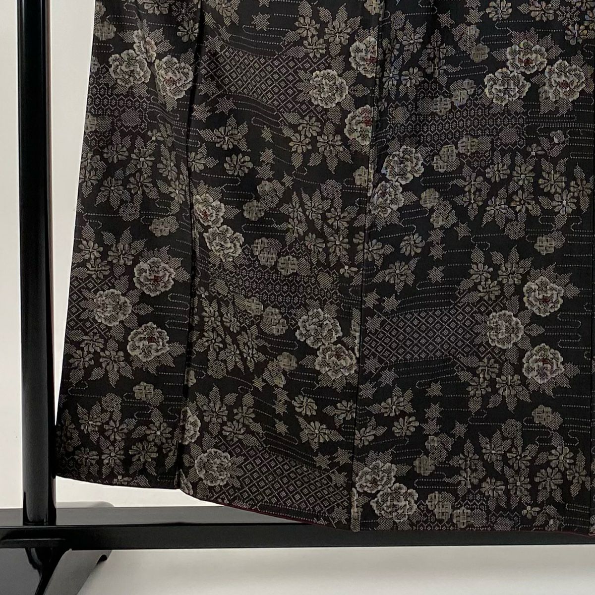 【美品】 紬織織 身長159cm 袖長64cm M 雙層 草花紋紋 霞 焦茶 純蠶絲 秀品級