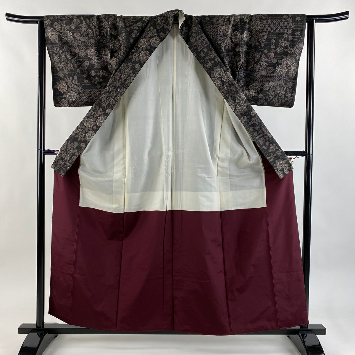 【美品】 紬織織 身長159cm 袖長64cm M 雙層 草花紋紋 霞 焦茶 純蠶絲 秀品級