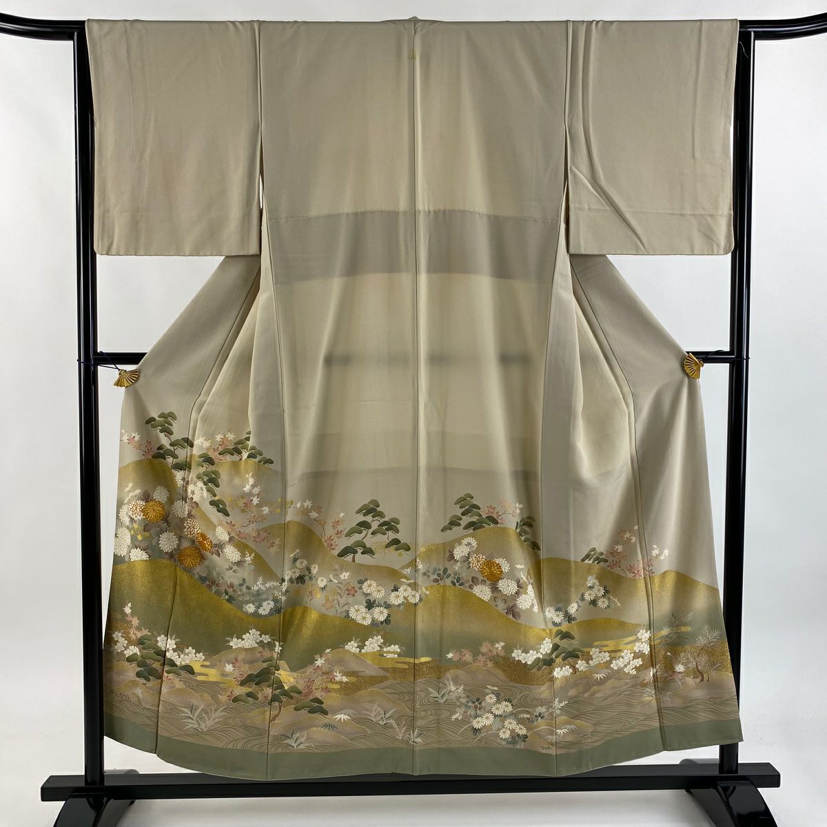 留袖禮服禮服 身長153.5cm 袖長64cm M 雙層 菊花 山並 金絲 金銀彩 灰茶 純蠶絲 秀品級 一個紋