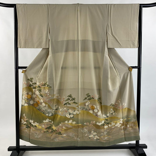 留袖禮服禮服 身長153.5cm 袖長64cm M 雙層 菊花 山並 金絲 金銀彩 灰茶 純蠶絲 秀品級 一個紋