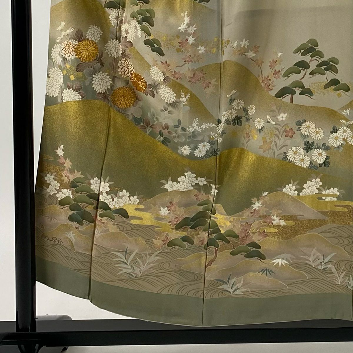 留袖禮服禮服 身長153.5cm 袖長64cm M 雙層 菊花 山並 金絲 金銀彩 灰茶 純蠶絲 秀品級 一個紋