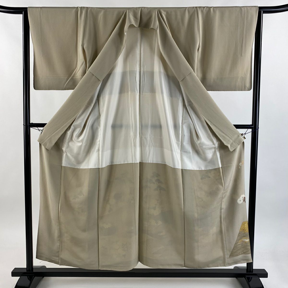 留袖禮服禮服 身長153.5cm 袖長64cm M 雙層 菊花 山並 金絲 金銀彩 灰茶 純蠶絲 秀品級 一個紋