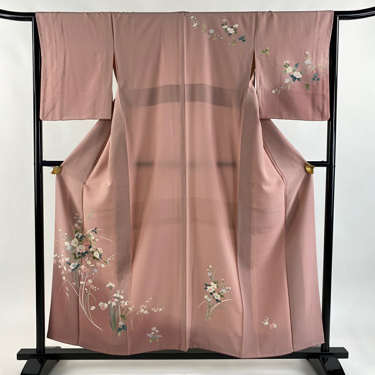 付下 身長156.5cm 袖長64.5cm M 雙層 草花紋紋 枝梅花 染分 ぼかし 粉紅 純蠶絲 秀品級