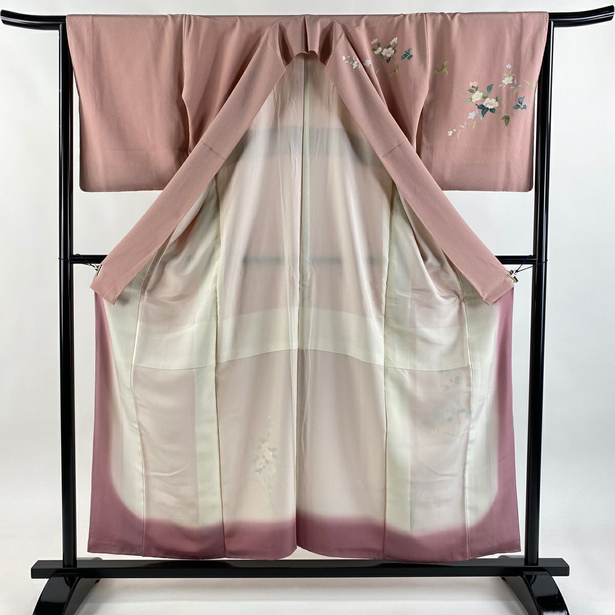 付下 身長156.5cm 袖長64.5cm M 雙層 草花紋紋 枝梅花 染分 ぼかし 粉紅 純蠶絲 秀品級