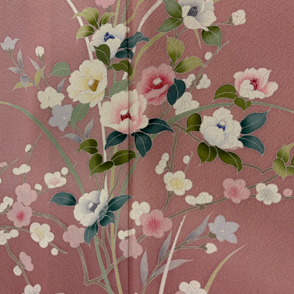 付下 身長156.5cm 袖長64.5cm M 雙層 草花紋紋 枝梅花 染分 ぼかし 粉紅 純蠶絲 秀品級