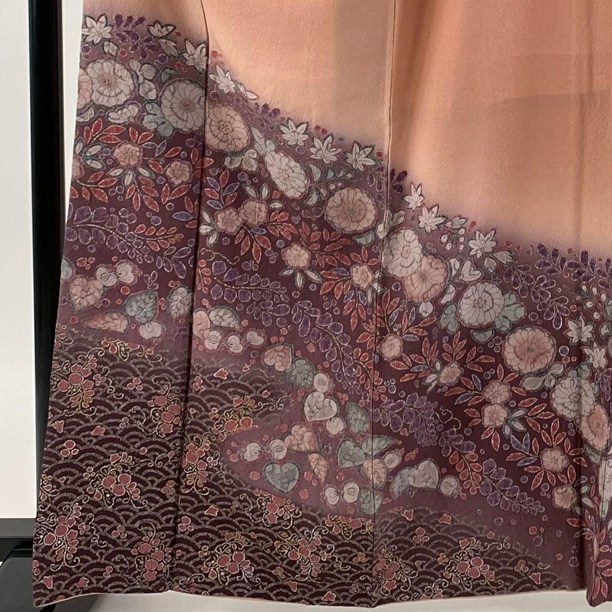 付下 身長162.5cm 袖長67.5cm L 雙層 辻花染圖案 波 金銀彩 染分 粉米色 純蠶絲 優品級