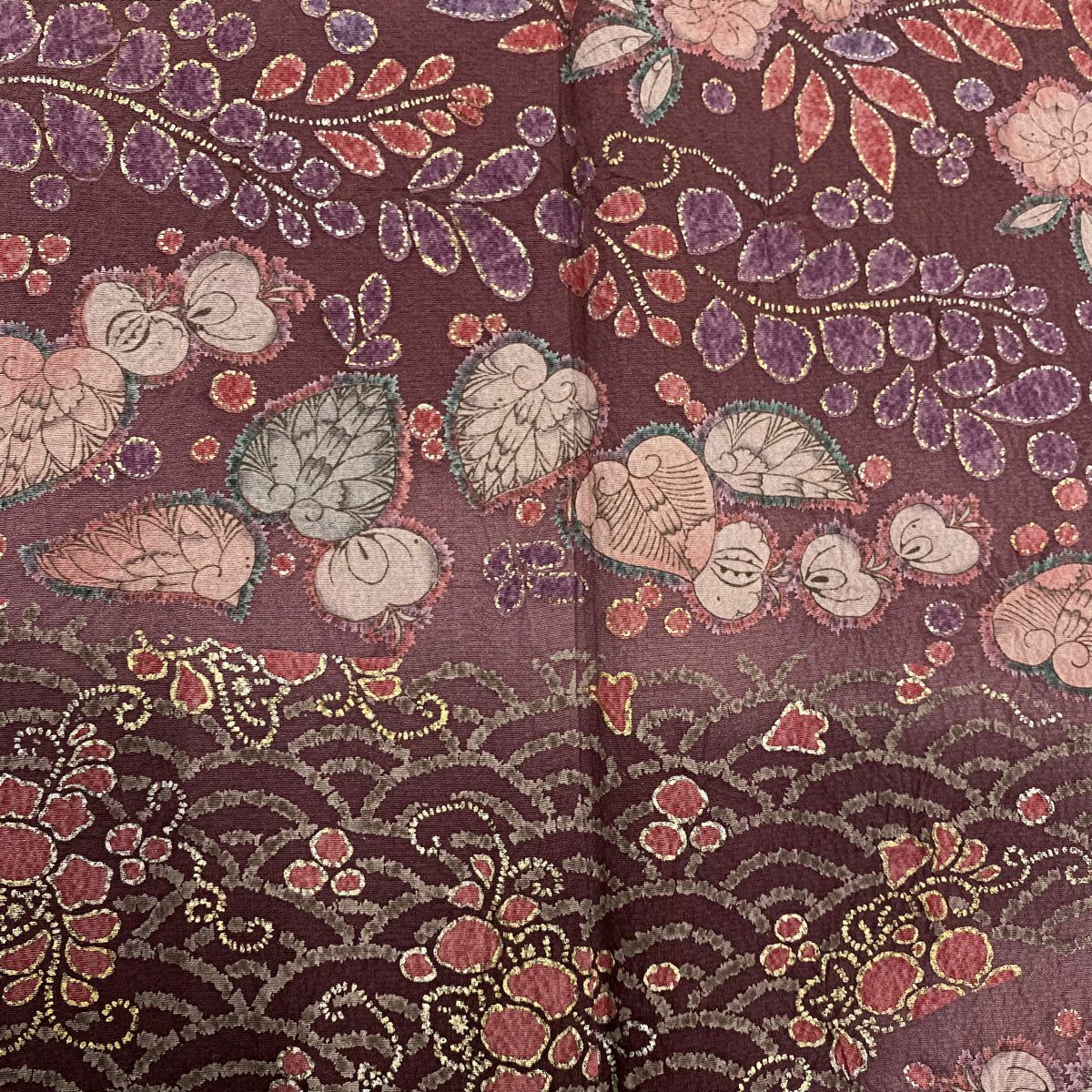 付下 身長162.5cm 袖長67.5cm L 雙層 辻花染圖案 波 金銀彩 染分 粉米色 純蠶絲 優品級